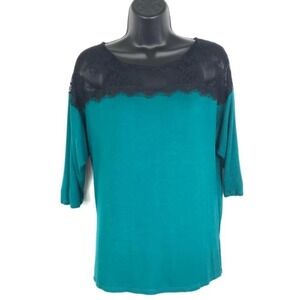 Elegant Teal Lace Accent Blouse Women's Top | Dreamy Flirty